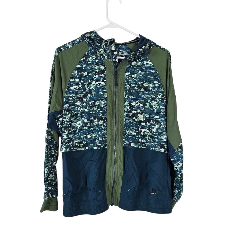 Smartwool PeakLite Full Zip Vented Hooded Jacket Lightweight M Blue/Green Camo